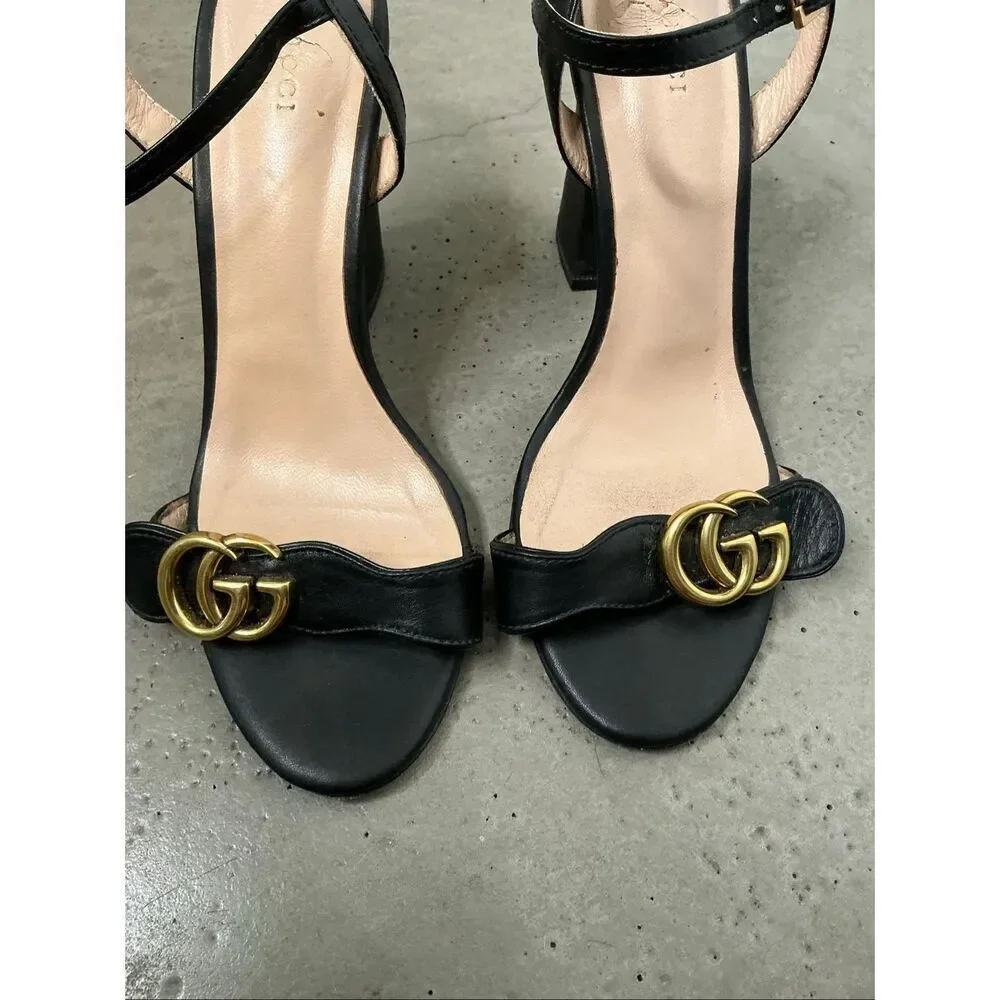 Gucci GG Marmont Leather Sandal Heels | Black in 40